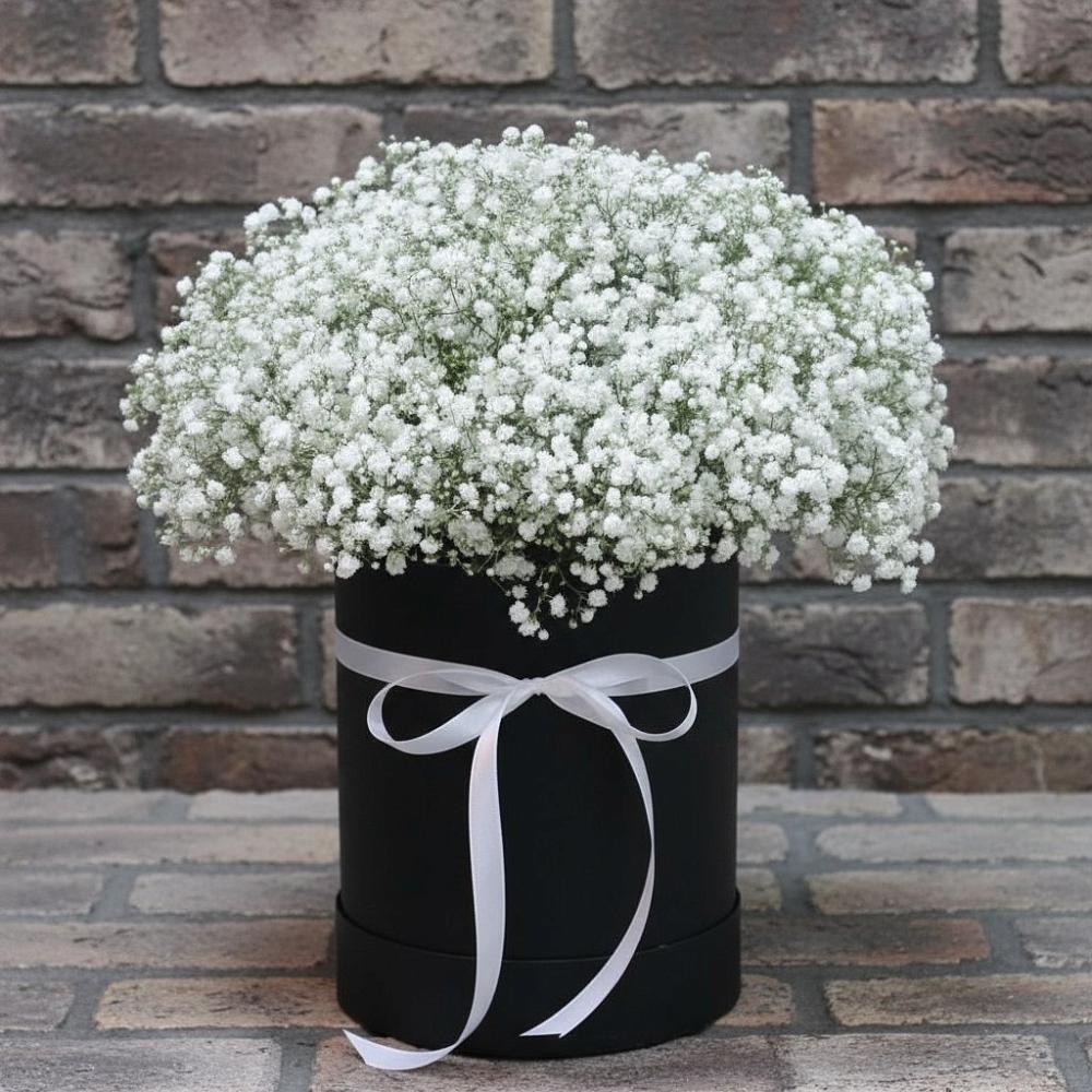 Цветочная композиция из Гипсофила в шляпной коробке в Фруктовом