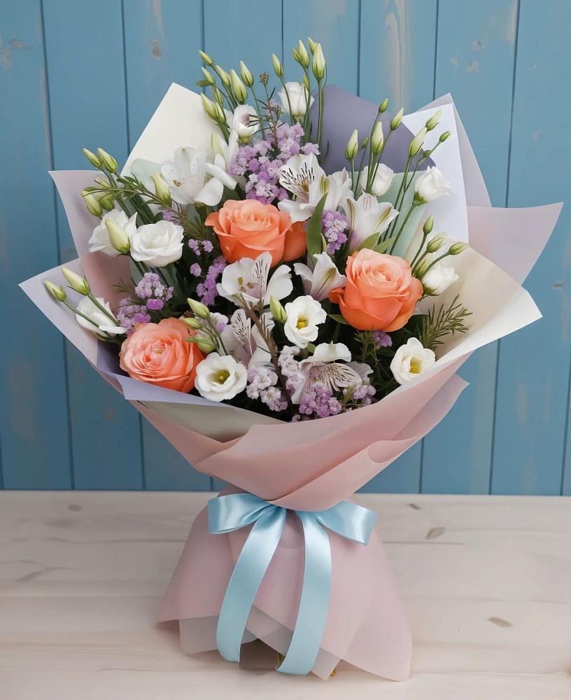 Букет цветов из: Лизиантусы, Розы, Альстромерии и Гипсофила в Фруктовом