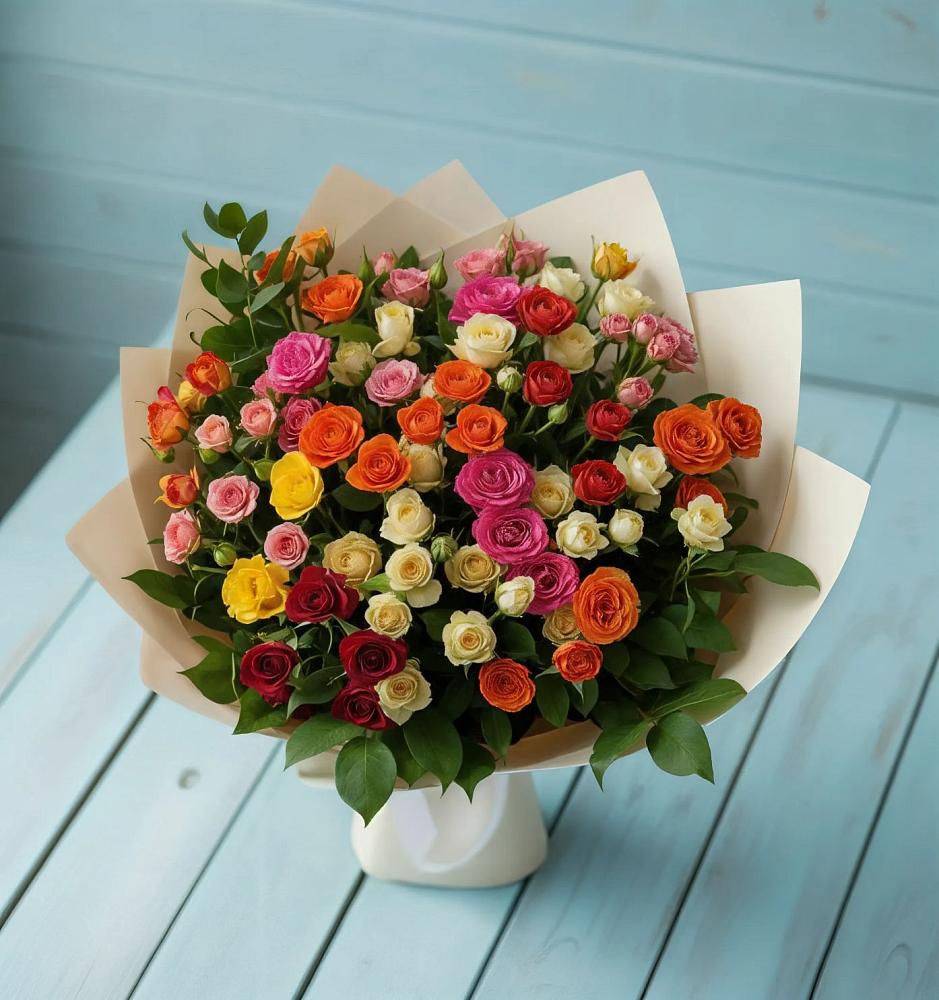 Букет Микс из разноцветных кустовых роз в Фруктовом