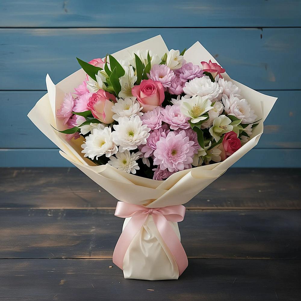 Букет цветов из: Хризантемы, Альстромерии и Розы в Фруктовом